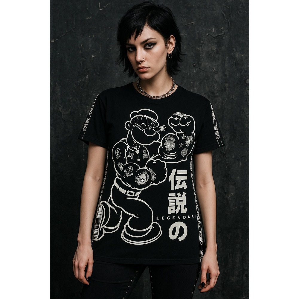 Popeye Legendary Japanese Graphic Black Tee Anime Style Tape Sleeves‎ Size S